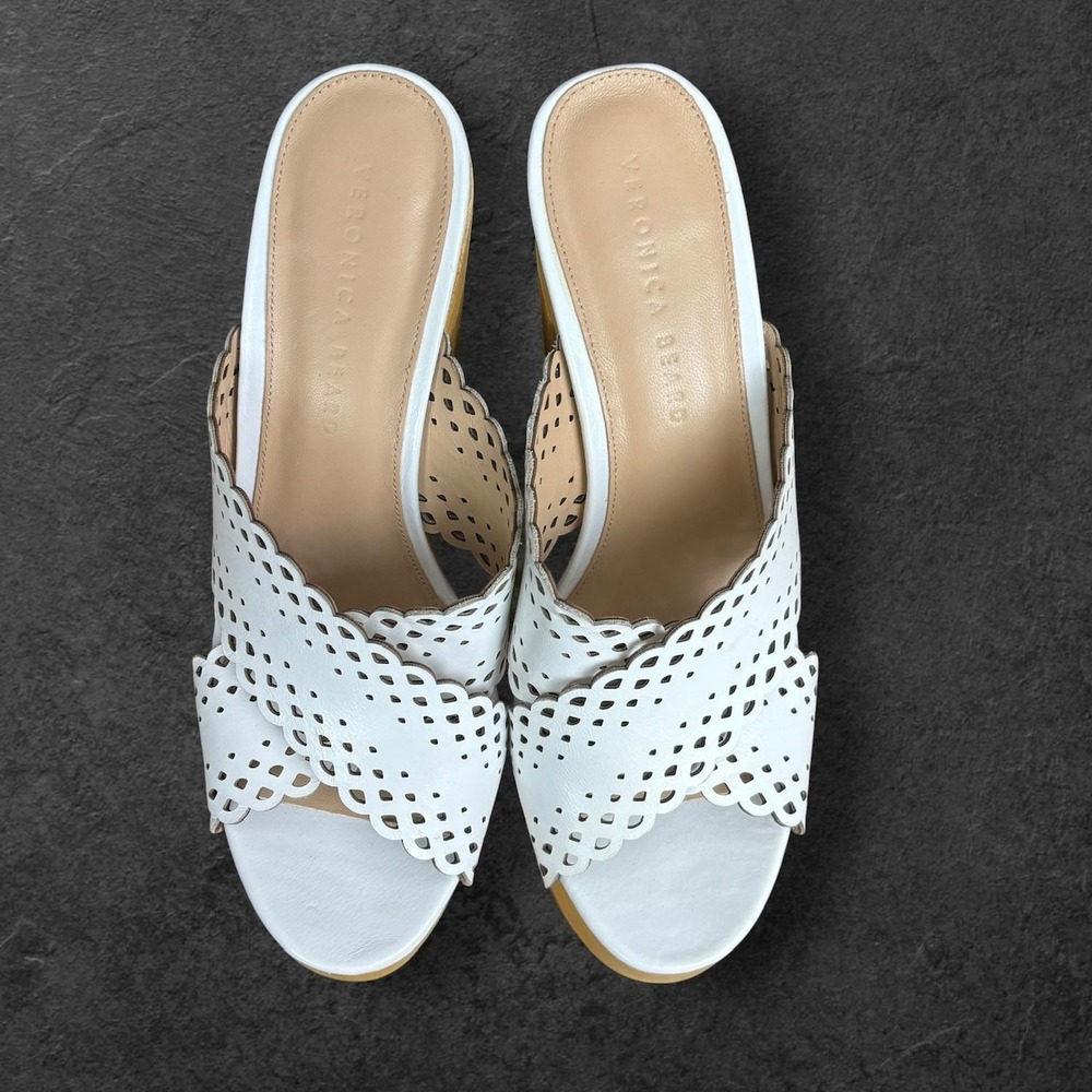 Veronica Beard Laser Cut Leather Platform Mule Sandals Womens 8M Boho Resortwear - Picture 6 of 11